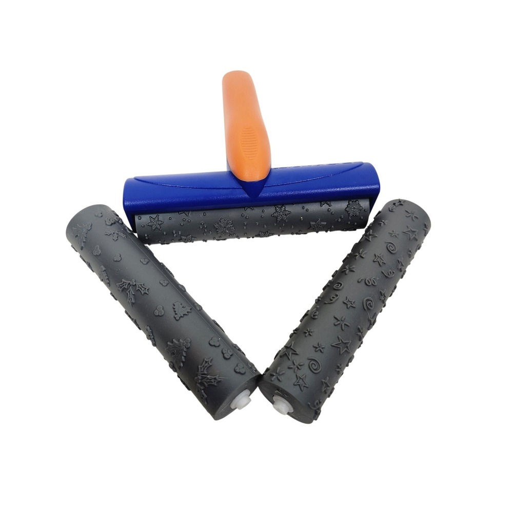 FISKARS Holiday‎ Background Roller Stamp 3 Rubber Rollers Snowflake Stars Holly